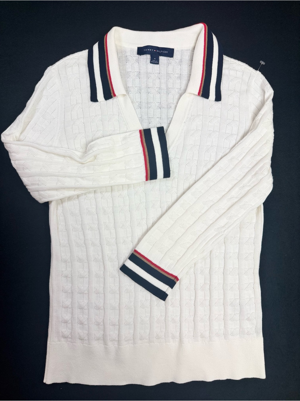 Women's Tommy Hilfiger Cable-Knit Sweater Johnny Collar 3/4 Sleeves Size